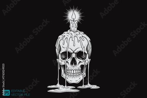 Skull with Melting Candle on Top, Gothic and Macabre Art.