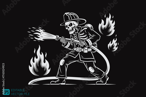Skeleton Firefighter Extinguishing Flames with Water Hose Illust