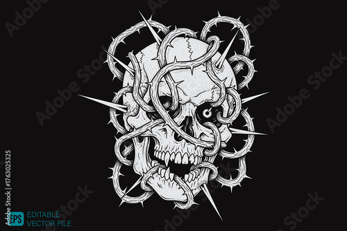 Disturbing Skull with Barbed Wire and Spikes, Macabre Art.