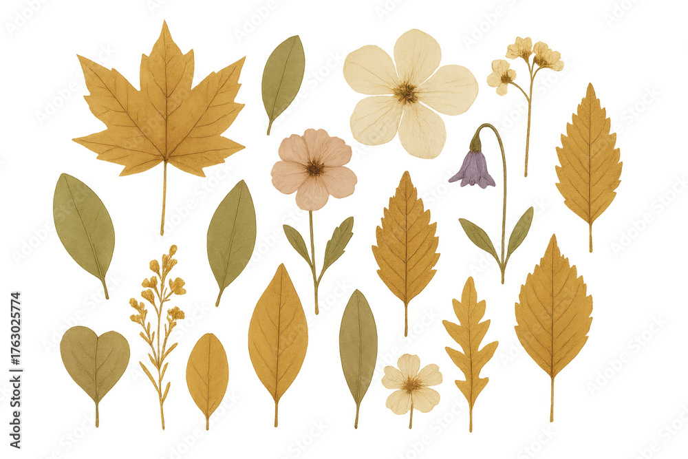 Fototapeta premium Dried pressed plant elements featuring autumn leaves and flowers for herbarium botanical collecting