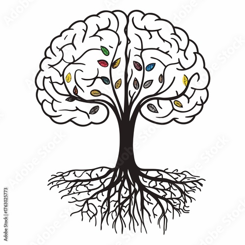 Vector illustration of a tree with leaves, depicting a nature plant design, spring or summer symbol, with roots and a branch silhouette