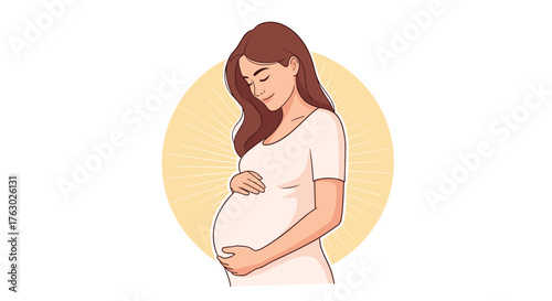 Illustration of a pregnant woman with brown hair wearing a white dress holding her belly smiling .