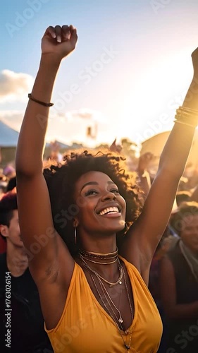 Joyful woman with arms raised, smiling at an outdoor event, sun setting behind her, surrounded by crowd