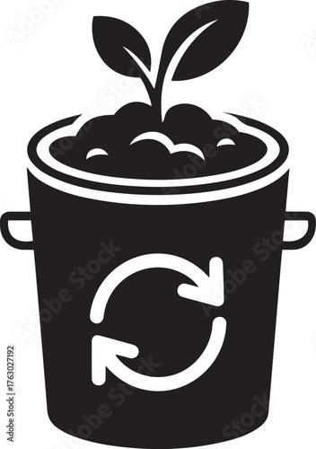 Recycling symbol on a pot with a young plant growing from soil symbolizing sustainability and organic growth for a green future isolated on transparent background