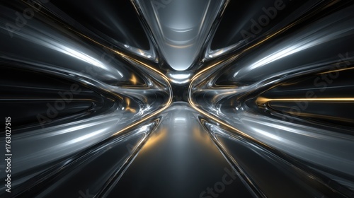 Reflective Metallic Tunnel with Orange and White Light