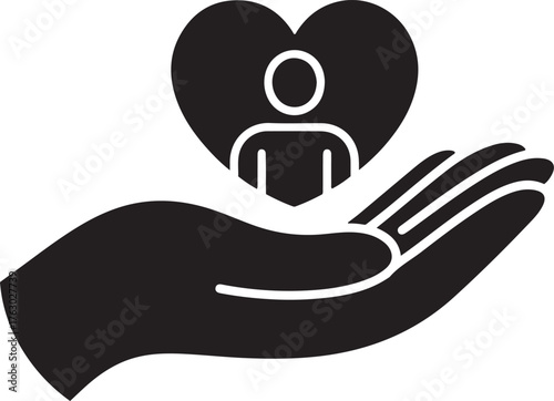 Symbolic hand holding heart with person silhouette representing care compassion love and human connection health and support services isolated on transparent background