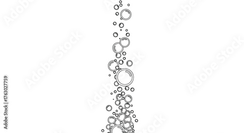 A vertical line of various sized black and white outlined bubbles on a plain white background design art .