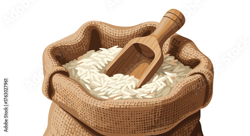 A burlap sack filled with white rice and a wooden scoop resting inside on a white background view .