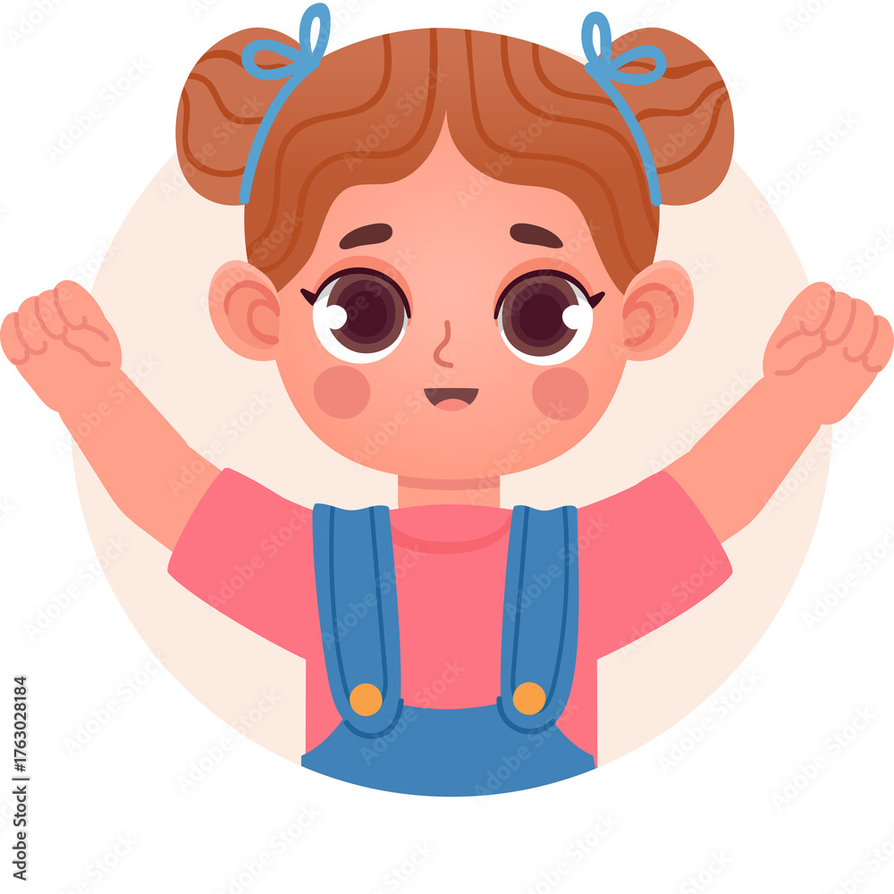 Obraz premium Joyful young girl with auburn hair styled in two buns wearing a pink shirt and blue denim overalls with hands raised in excitement on a pale peach circle background with a transparent background.