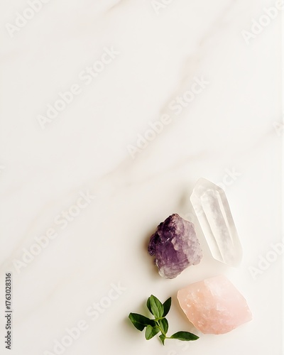 Minimal Flat Lay of Quartz and Amethyst Crystals on White Marble Surface – Spiritual Wellness and Copy Space Concept