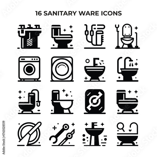 Sanitary Ware Icon Set – Toilet, Basin, Shower Mixer Vector Symbols
