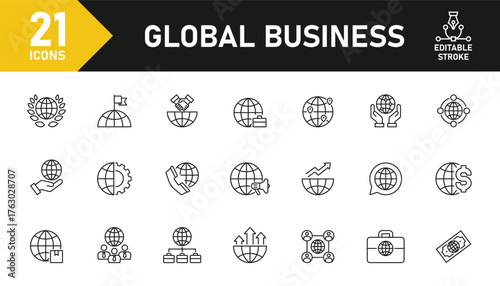 Global business line icon set. Set of 21 outline icons related to international trade, global economy, worldwide, global network, import, export and others. Editable stroke. Vector illustration.