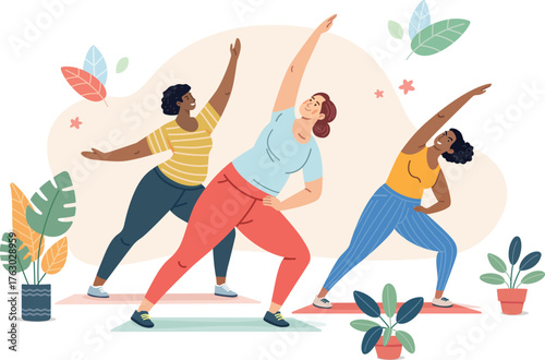 Group diverse plus size women exercising together happily in colorful activewear