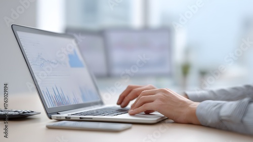 Analyst typing on laptop with financial charts across multiple monitors in bright office — perfect for finance blog, fintech landing page