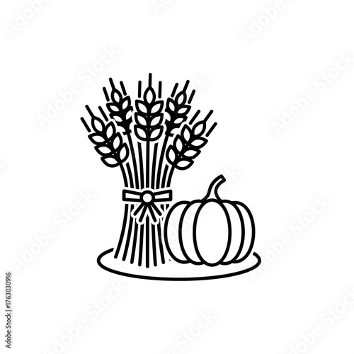 A bundle of wheat and a pumpkin, representing harvest, black line drawing, black and white image.