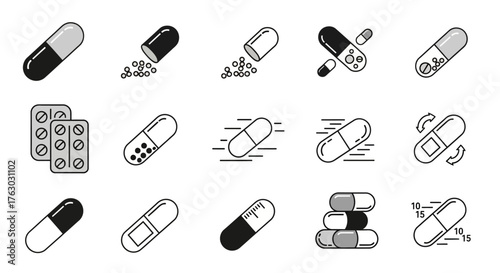 A collection of minimalist line art illustrations depicting various capsules, including open, closed, and blister-packed pills.