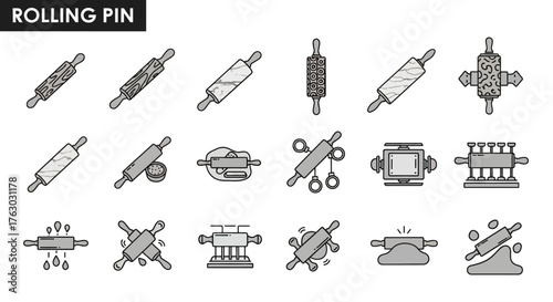 A collection of grayscale icons depicting various types of rolling pins and their use in baking and cooking.