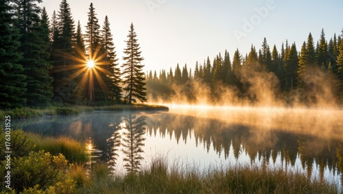 Sunburst through the trees over a lake with fog rising from the water in the early morning