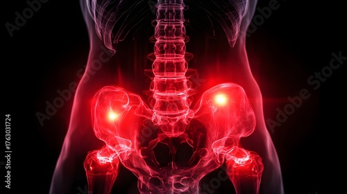 Pelvic Region with Hip Joint Inflammation – Medical Illustration. Digital anatomical illustration of the human pelvis and spine, with glowing red highlights at the hip joints indicating  pain.