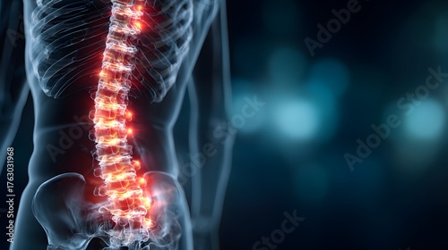 human Spine with Inflammation – Medical Illustration.
Digital illustration of a human torso highlighting the spine in red to indicate inflammation or spinal disorder.