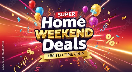 Grab super home weekend deals now for a limited time only with stunning savings event, get ready to shop till you drop, colorful balloons and confetti add to the celebratory mood