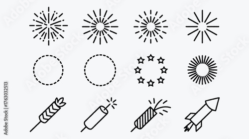 Black and White Line Art of Fireworks and Sparklers Celebration