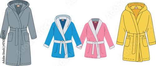 Cad drawing flat vector of bathrobe collection, cozy hooded robe set, kids and adult loungewear, fashion garment illustration