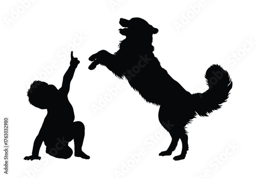 A little boy pointing and playing with dog vector side view silhouettes on white background. 