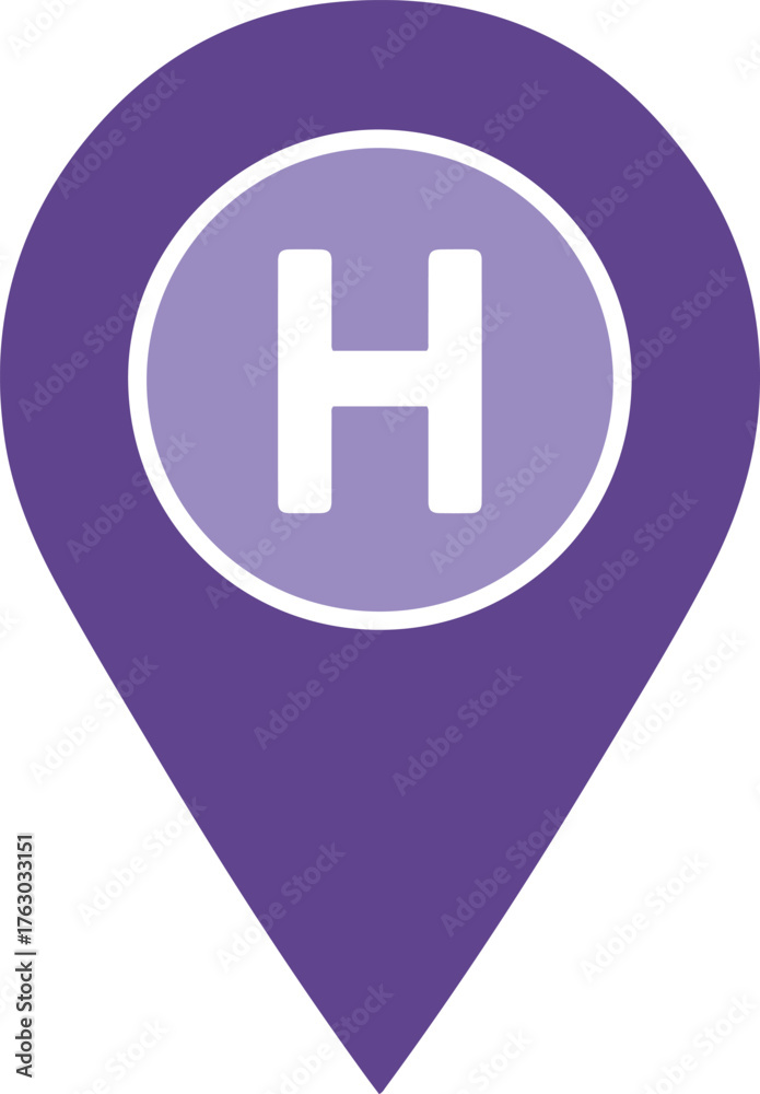 Obraz premium Modern hospital location marker icon with letter h symbol simple geometric healthcare medical navigation pin symbol isolated on transparent background
