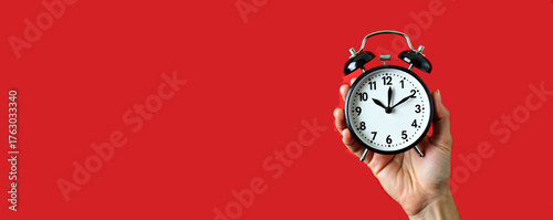 hand holding alarm clock with wide red background, copy space for marketing banners and countdown campaigns, ideal for sale promos, urgency graphics, social media headers and product launches