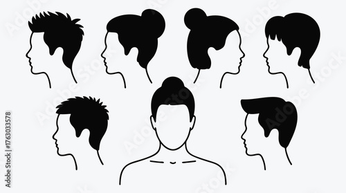 Minimalist illustration of various human hairstyles in black and white