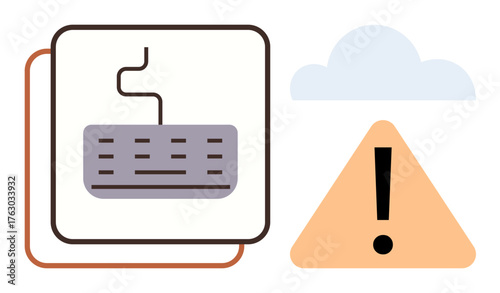 Keyboard, warning triangle, and cloud convey caution in data entry, online storage, and cyber risks. Ideal for cybersecurity, online safety, technology caution, system error user alert data