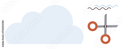 Cloud shape being trimmed by scissors with wavy lines symbolizing changes or adjustments. Ideal for creativity, design, customization, problem-solving, flexibility, innovation, digital editing. A