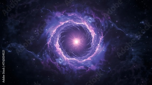 Magical round bright glowing energy spiral of the universe, with vibrant swirling clouds of purple and blue gas, set against a dark inky black backdrop, surrounded by a halo of soft white light.