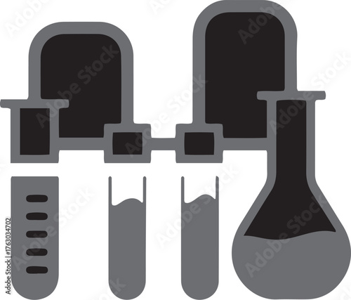 Abstract scientific laboratory equipment icons set representing chemistry research and pharmaceutical development with beakers flasks and test tubes isolated on transparent background