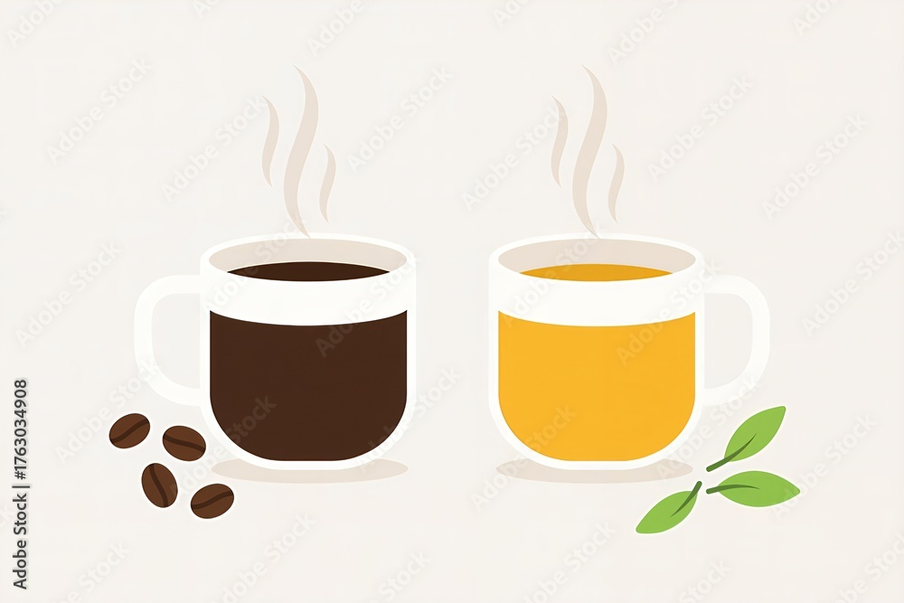 Obraz premium Coffee vs. Tea Illustration: Two Mugs with Coffee Beans and Tea Leaves in a Flat Design