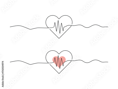 Continuous linear drawing of heart, vector heartbeat, pulse symbol, isolated on transparent background