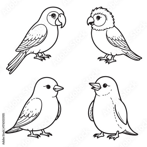 Cute Cartoon Birds Line Art Collection
