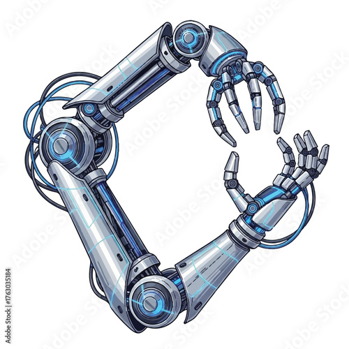 Technological Symbiosis: An innovative illustration showcasing the precision and intricacy of a futuristic robotic arm. The design blends mechanical engineering with advanced technological prowess