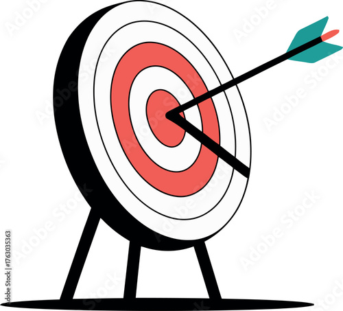 Red and white target with arrow hitting bullseye and teal fletching accuracy