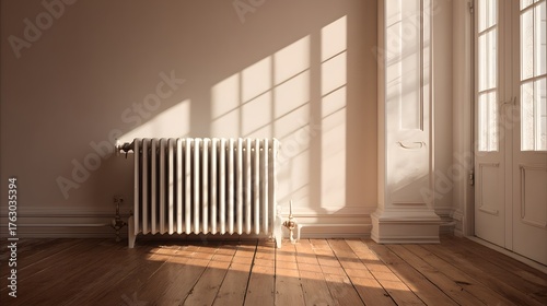 Vintage radiator in minimalist sunlit room with warm shadows, perfect for background, poster