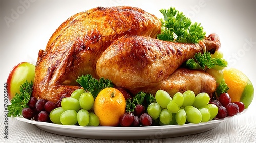 Low-wide shot of decorated turkey with fresh garnish on white, full detail & right copy-space for poster, social header or wallpaper