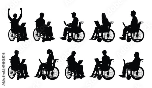 Disabled people sitting in wheelchair working on laptop online different positions black silhouettes set.