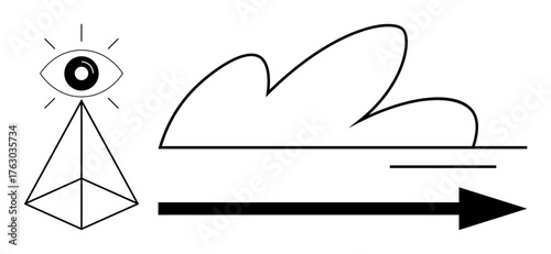Eye atop pyramid beside abstract cloud and arrow suggesting direction or progress. Ideal for innovation, vision, future planning, imagination, focus, creativity, simple flat metaphor