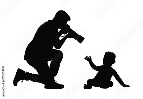 Father holding camera taking photos of his baby boy black silhouette vector illustration.