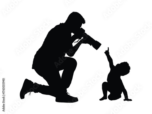 Father taking photos of his baby son with camera black silhouette vector illustration.