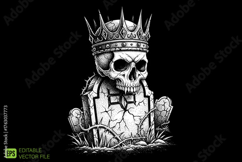 Skull King with Crown on Tombstone in Graveyard.