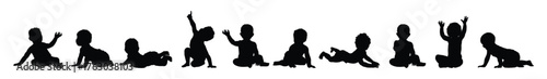 Group of cute babies and toddlers in different poses isolated black silhouette on white background set collection. Silhouettes of babies activities sitting crawling and playing vector illustration.