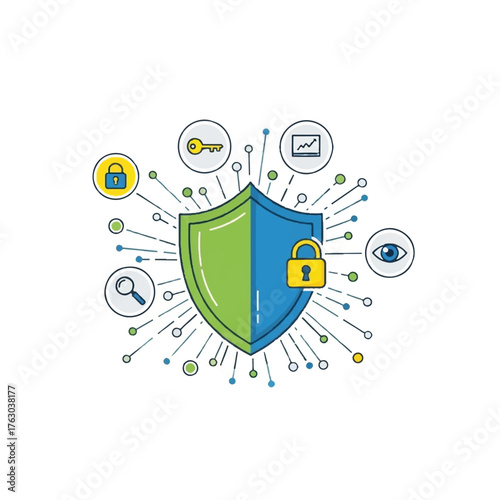 Cyber Shield: A vibrant shield illustration represents robust cybersecurity, with padlock, eye, and key icons symbolizing security measures against digital threats.