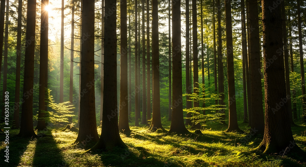 Fototapeta premium sunlit forest trees with green moss and sunlight